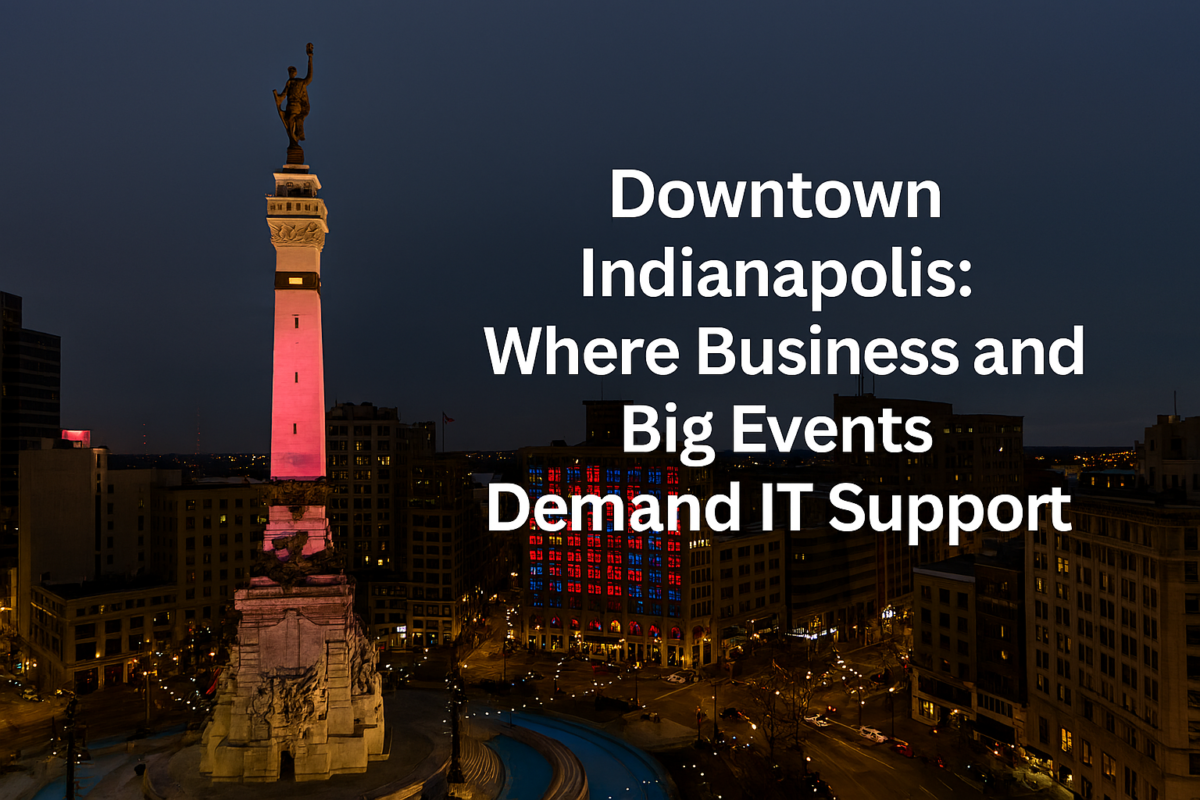 Monument Circle in downtown Indianapolis illuminated at night. – IT support for businesses during major events